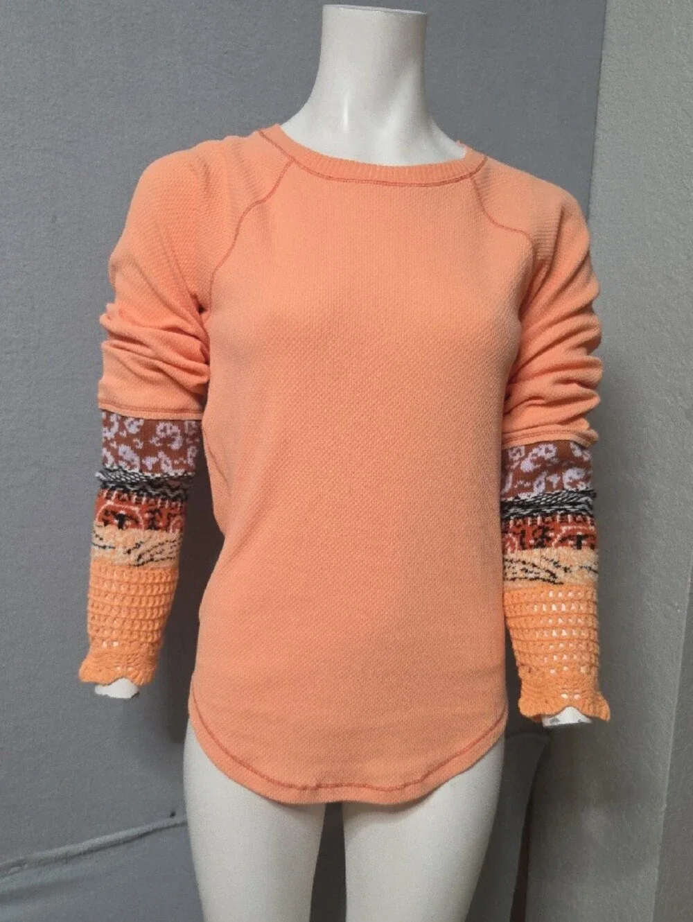Free People Peach Crewneck Sweatshirt with Patterned Crochet Cuffs